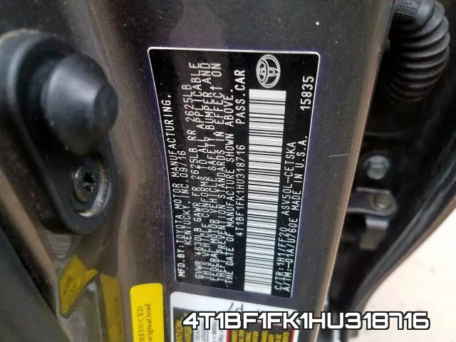 4T1BF1FK1HU318716 фото 2