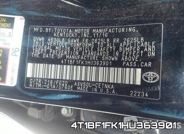 4T1BF1FK1HU363901 фото 10
