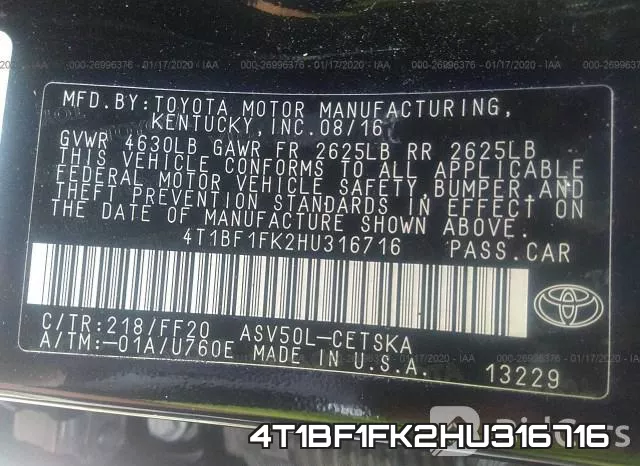 4T1BF1FK2HU316716 фото 10