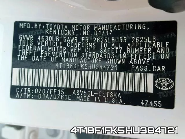 4T1BF1FK5HU384721 фото 2