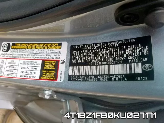 4T1BZ1FB0KU027171 фото 2