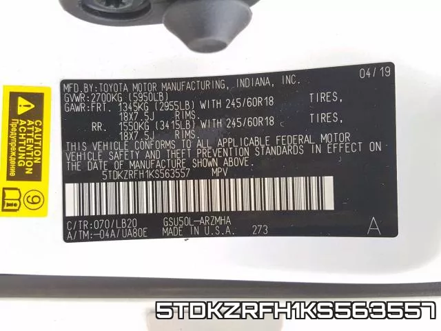 5TDKZRFH1KS563557 фото 2