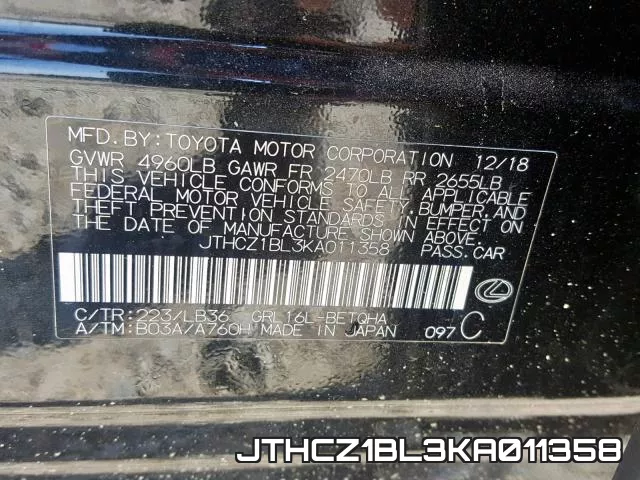 JTHCZ1BL3KA011358 фото 2