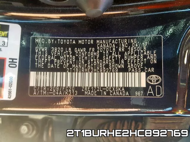2T1BURHE2HC892769 фото 2