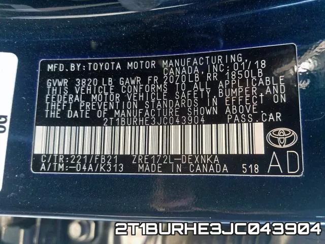 2T1BURHE3JC043904 фото 2