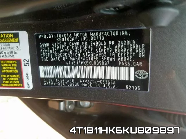 4T1B11HK6KU809897 фото 2