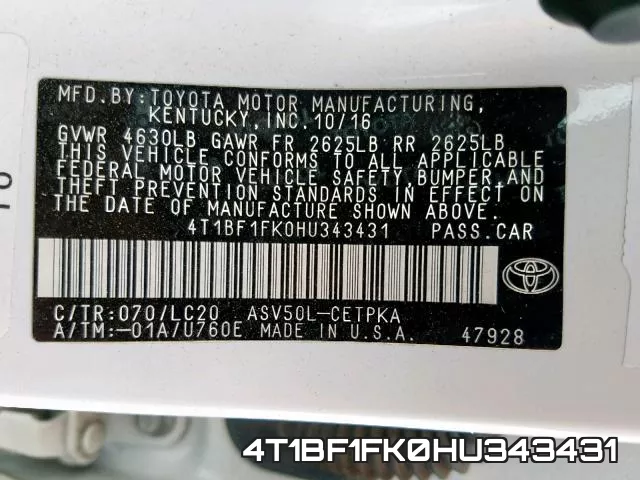 4T1BF1FK0HU343431 фото 2
