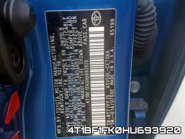 4T1BF1FK0HU693920 фото 2