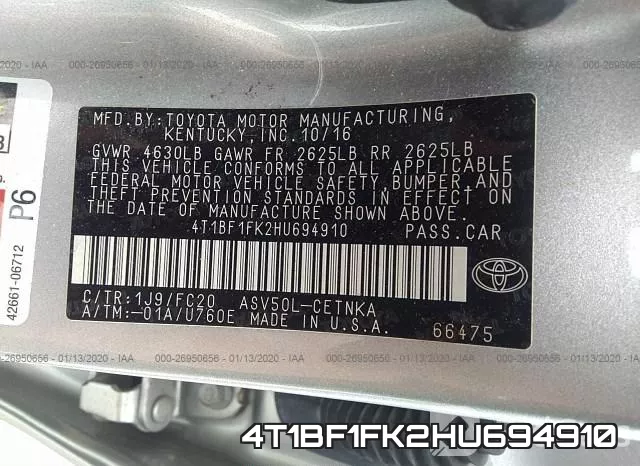4T1BF1FK2HU694910 фото 10