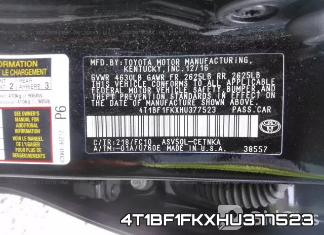 4T1BF1FKXHU377523 фото 10