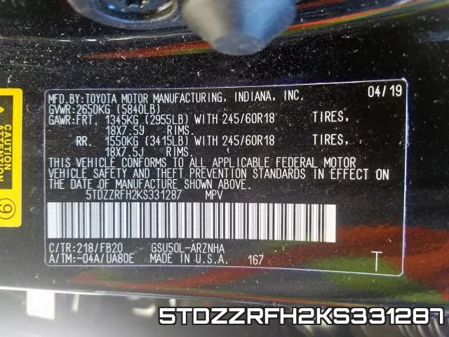 5TDZZRFH2KS331287 фото 2
