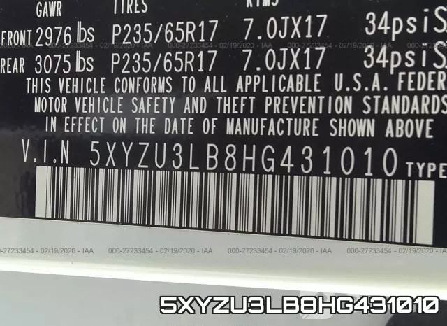 5XYZU3LB8HG431010 фото 10