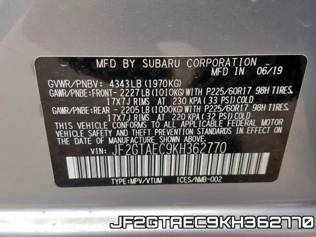 JF2GTAEC9KH362770 фото 2