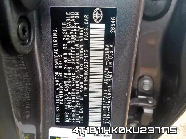 4T1B11HK0KU237175 фото 2
