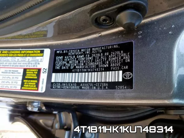 4T1B11HK1KU748314 фото 2
