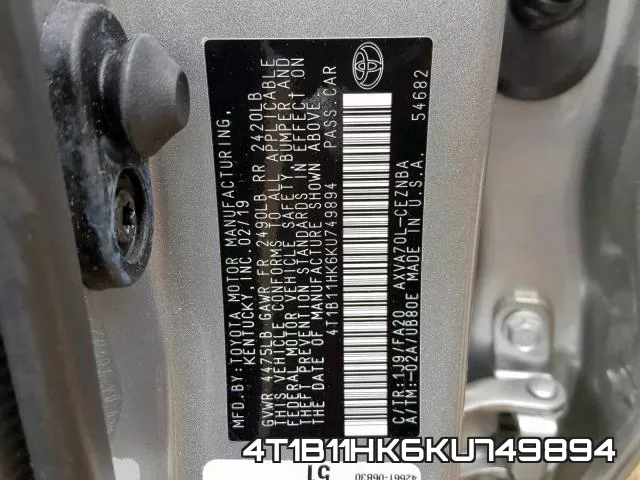 4T1B11HK6KU749894 фото 2