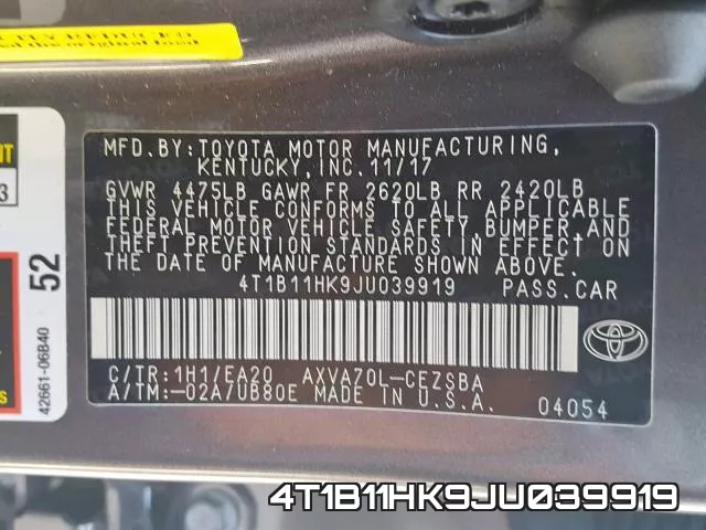4T1B11HK9JU039919 фото 2
