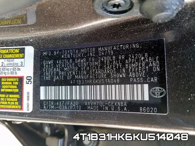 4T1B31HK6KU514048 фото 2