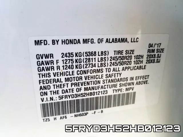 5FRYD3H52HB012123 фото 2
