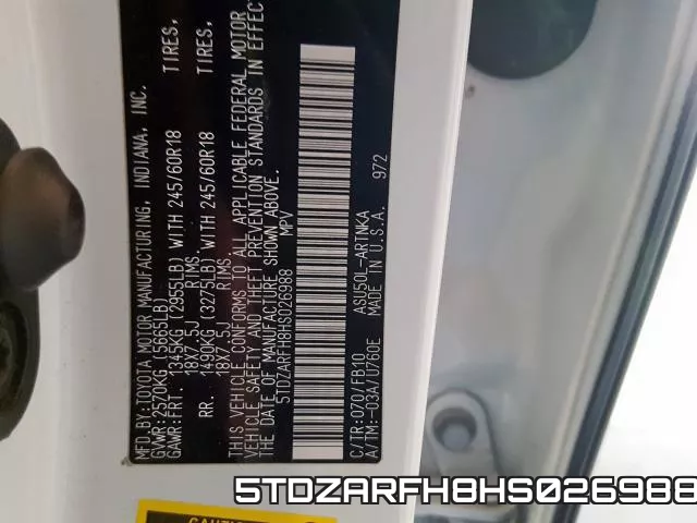 5TDZARFH8HS026988 фото 2