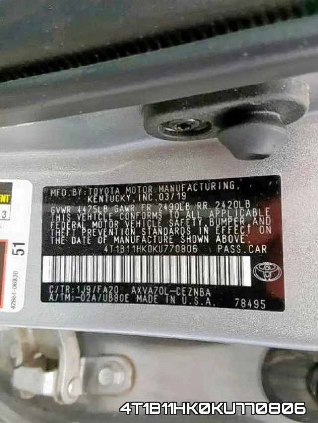 4T1B11HK0KU770806 фото 2