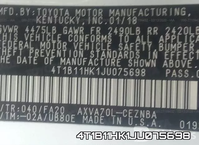 4T1B11HK1JU075698 фото 10