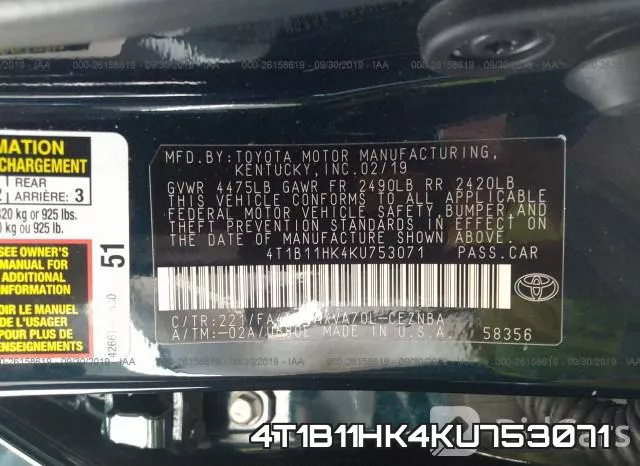 4T1B11HK4KU753071 фото 10