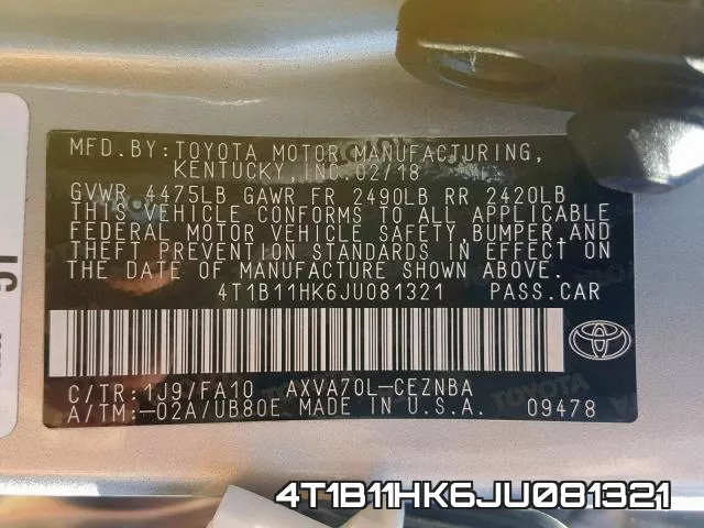 4T1B11HK6JU081321 фото 2