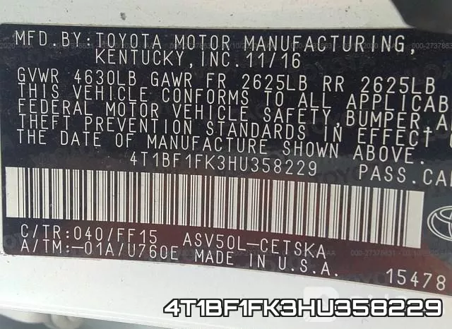 4T1BF1FK3HU358229 фото 10
