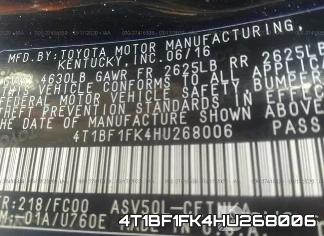 4T1BF1FK4HU268006 фото 10
