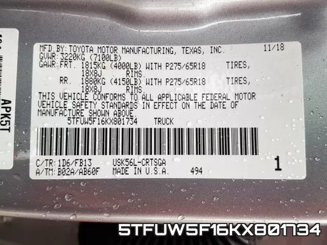 5TFUW5F16KX801734 фото 2