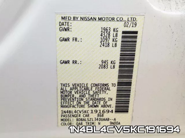 1N4BL4CV5KC191694 фото 2