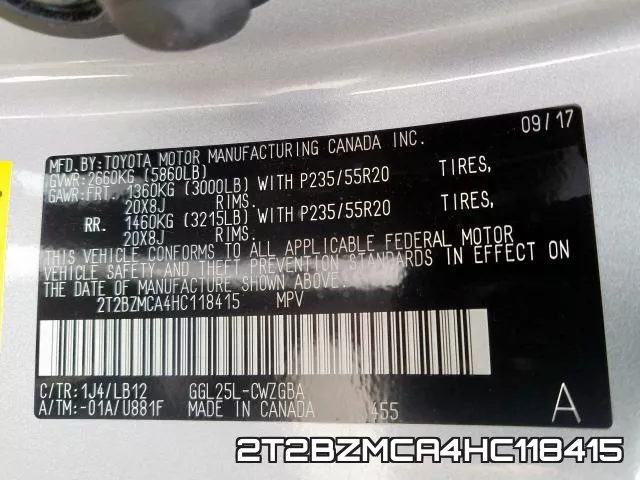 2T2BZMCA4HC118415 фото 2