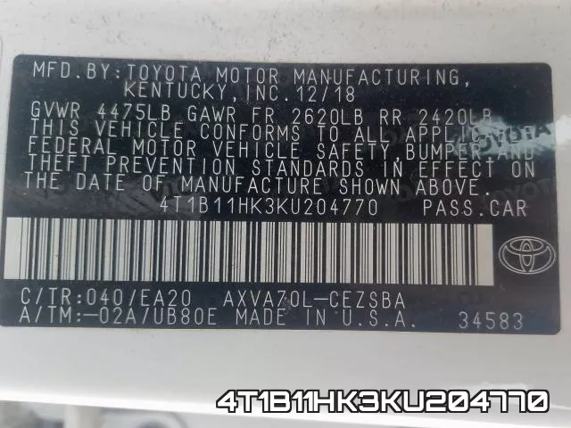 4T1B11HK3KU204770 фото 2