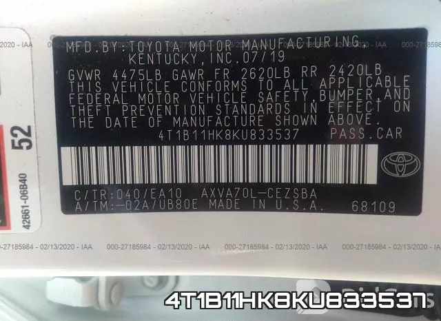 4T1B11HK8KU833537 фото 10