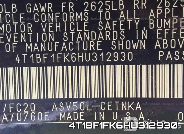 4T1BF1FK6HU312930 фото 10