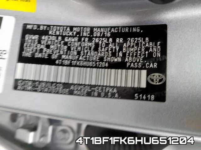 4T1BF1FK6HU651204 фото 2