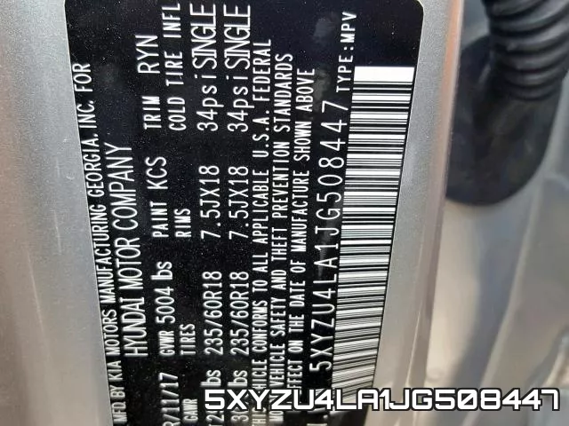 5XYZU4LA1JG508447 фото 2