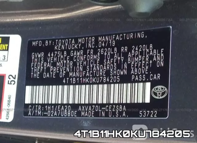 4T1B11HK0KU784205 фото 10