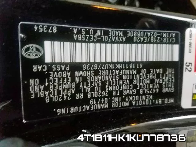 4T1B11HK1KU778736 фото 2