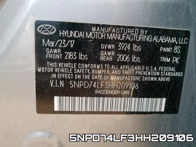 5NPD74LF3HH209106 фото 2