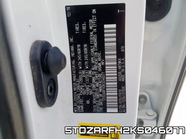 5TDZARFH2KS046077 фото 2