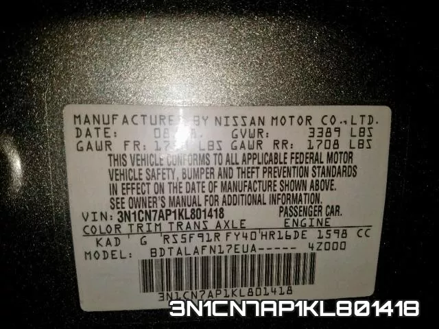 3N1CN7AP1KL801418 фото 2