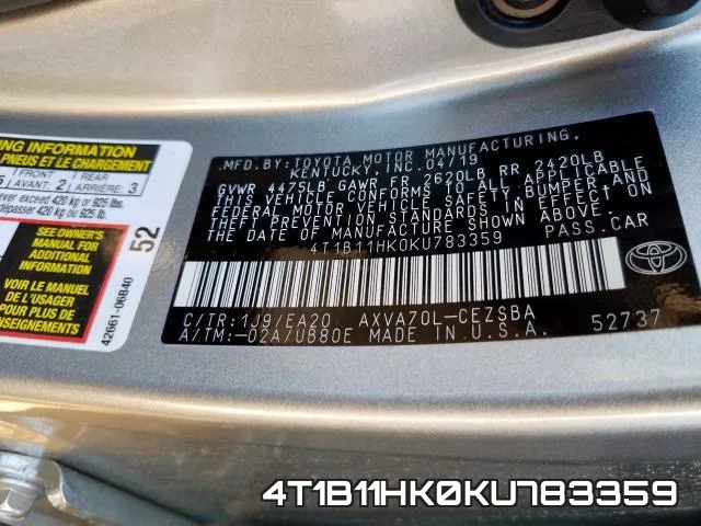 4T1B11HK0KU783359 фото 2