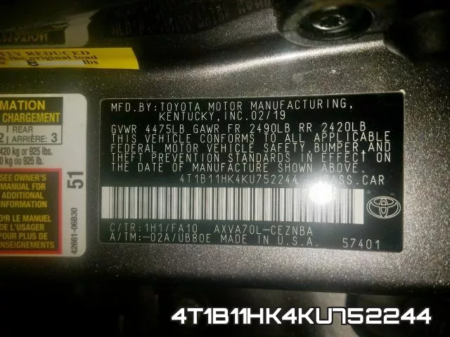 4T1B11HK4KU752244 фото 2