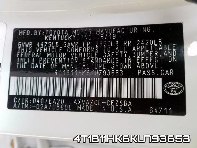 4T1B11HK6KU793653 фото 2