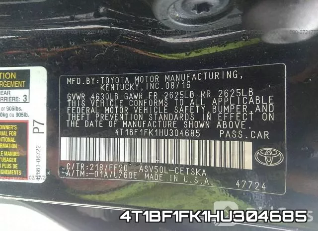 4T1BF1FK1HU304685 фото 10