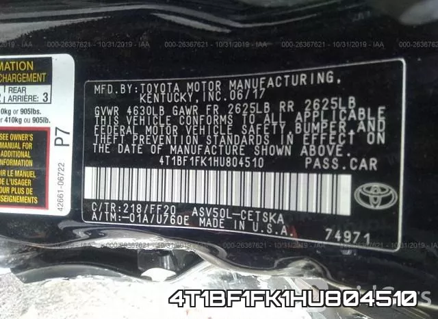 4T1BF1FK1HU804510 фото 10