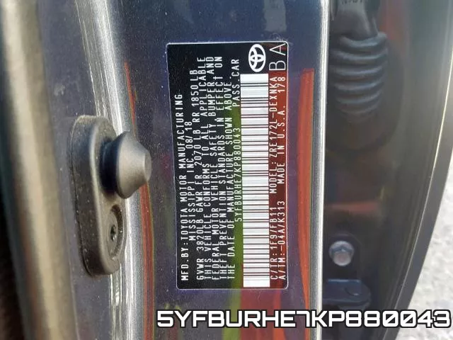 5YFBURHE7KP880043 фото 2