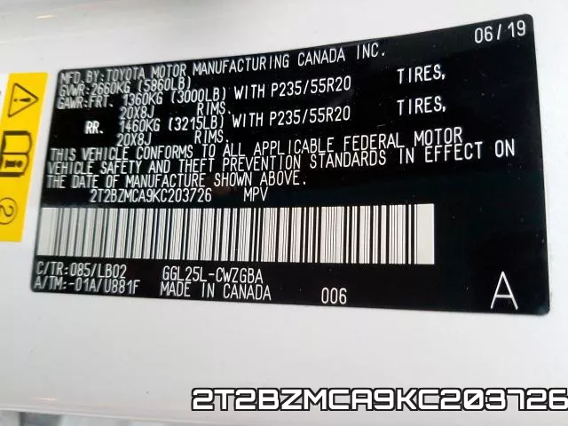 2T2BZMCA9KC203726 фото 2